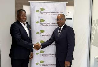 WINDHOEK, 27 April 2026- Oshikoto Governor Sacky Kathindi (L) captured with Environmental Investment  Fund Chief Executive Officer Benedict Libanda (R).

(Photo: Contributed)