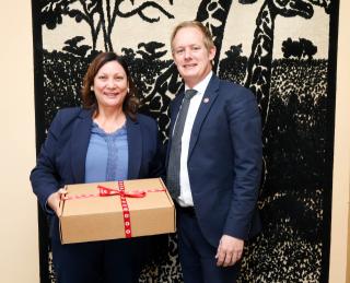 WINDHOEK, 29 April 2026- Minister of Education, Innovation, Youth, Sport, Arts and Culture Sanet Steenkamp alongside Bank Windhoek Managing Director James Chapman. (Photo: Contributed) 