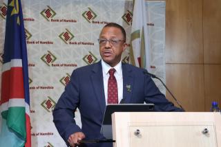 WINDHOEK, 29 April 2026 - Bank of Namibia Governor Ebson Uanguta, speaking at the second bi-monthly Monetary Policy Committee (MPC) announcement for 2026. 

(Photo by: Chelva Wells) NAMPA