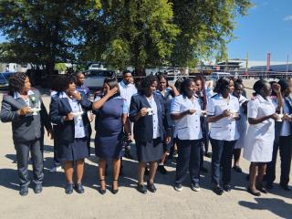 KATIMA MULILO, 12 May 2026 - Some of the nurses demonstrating how the oath for the profession is administered as they recite over it at the Katima Mulilo Open Market during the celebration of the International Nurses Day on Tuesday.

(Photo: Michael Mutonga Liswaniso) NAMPA O