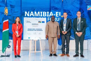 WINDHOEK, 15 MAY 2026 - From left to right, Ana Beatriz Martins, Ambassador, European Union Delegation to Namibia, Modestus Amutse, Minister of Industries, Mining and Energy, Martin Quinger, Project Manager, Federal Institute for Geosciences and Natural Resources - BGR and Thorsten Hutter, Ambassador of Germany to Namibia. (Photo: Contributed) NAMPA 
