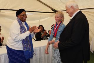 OTJIWARONGO, 20 May 2026 - President Netumbo Nandi-Ndaitwah (L) greets the founder and managing director of Fabupharm pharmaceutical factory at Otjiwarongo, Fanie Badenhorst (R) where she visited on a familiarisation purpose on Wednesday afternoon. (Photo by: Mulisa Simiyasa) NAMPA