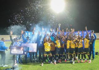 WINDHOEK, 23 May 2024 - Military outfit Mighty Gunners celebrating their firstever Standard Bank Top 8 title which they secured after a thrilling 2-1 victory over UNAM FC at the Independence Stadium. (Photo by: Hesron Kapanga) NAMPA
