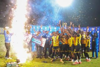 WINDHOEK, 23 May 2024 - Military outfit Mighty Gunners celebrating their firstever Standard Bank Top 8 title which they secured after a thrilling 2-1 victory over UNAM FC at the Independence Stadium. (Photo by: Hesron Kapanga) NAMPA