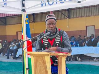 OPUWO, 28 May 2026 - Senior Council Uahuna Tjiposa of the Otjikaoko Traditional Authority speaking at the Genocide Remembrance Day commemoration held at Opuwo in the Kunene Region on Thursday. (Photo: Contributed) 
