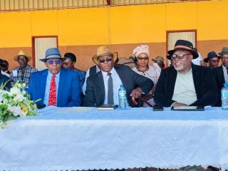 OPUWO, 28 May 2026- Director-General of the National Planning Commission Dr Kaire Mbuende, Kunene Governor Vipuakuje Muharukua, and Minister of Industries, Mines and Energy Modestus Amutse during the Genocide Remembrance Day in Opuwo, Kunene Region. (Photo: Kaviveterue Virere) NAMPA