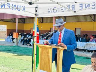 OPUWO, 28 May 2026- Director-General of the National Planning Commission Dr Kaire Mbuende addressing the Genocide Remembrance Day commemoration at Opuwo in the Kunene Region. (Photo: Kaviveterue Virere) NAMPA 