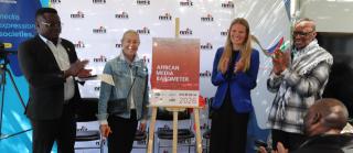 WINDHOEK, 04 JUNE 2026 - Finnish ambassador to Namibia, Katja Kalamak with (middle right) with stakeholders at the Africa Media Barometer Namibia 2026 Report launch. (Photo: Contributed) NAMPA