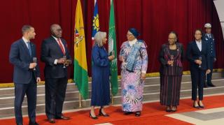 WINDHOEK, 11 June 2026 - President Netumbo Nandi-Ndaitwah alongside Ambassador- Designate of the Dominican Republic, Erika "Alvarez Rodriguez, Minister of International Relations and Trade Selma Ashipala-Musavyi and presidency's ED welcoming the letter of Credence and Commission from the Dominican Republic. (Photo by: Justina Shuumbwa) NAMPA
