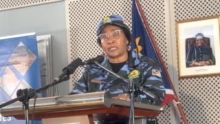 SWAKOPMUND, 17 June 2026 - Erongo Governor Natalia /Goagoses delivering her Sate of the Region Address. She is dressed in the uniform of the National Youth Service, in solidarity with the Namibian youth and their plight in fighting against unemployment. (Photo by: Isabel Bento) NAMPA