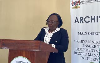 ONYAANYA, 18 June 2026- Oshikoto Regional Director of Education, Arts, Sports and Culture, Hilma Nuunyango-George speaking during the commemoration of International Archives Week at the Onyaanya Constituency Hall on Thursday.

(Photo: Max Henrich) NAMPA