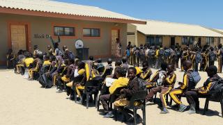 SWAKOPMUND, 29 October 2025 - Learners at the John !Awaseb Primary School in Swakopmund queueing to enter their classrooms. (Photo by: Isabel Bento) NAMPA
