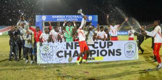 WINDHOEK, 27 June 2026 - The University of Namibia (UNAM) men's football team celebrating after being crowned winners of the 2026 Namibia Football Association (NFA) Cup after an impressive 2-1 victories over KK Palace at the Independence Stadium. (Photo: Hesron Kapanga) NAMPA
