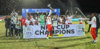 WINDHOEK, 27 June 2026 - The University of Namibia (UNAM) men's football team celebrating after being crowned winners of the 2026 Namibia Football Association (NFA) Cup after an impressive 2-1 victories over KK Palace at the Independence Stadium. (Photo: Hesron Kapanga) NAMPA
