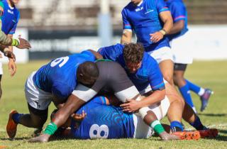 WINDHOEK, 28 June 2026 - The national men’s senior rugby team, the ‘Welwitschias,’ (in blue) while in action against Zambia at the Hage Geingob Stadium in Windhoek, Namibia outclassed their opponents, Zambia 71-12 in the internatinal friendly match. (Photos: Hesron Kapanga) NAMPA