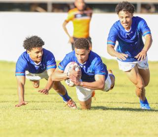 WINDHOEK, 28 June 2026 - The national men’s senior rugby team, the ‘Welwitschias,’ (in blue) while in action against Zambia at the Hage Geingob Stadium in Windhoek, Namibia outclassed their opponents, Zambia 71-12 in the internatinal friendly match. (Photos: Hesron Kapanga) NAMPA