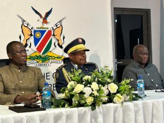 OPUWO, 30 June 2026- Kunene Governor Vipuakuje Muharukua, Regional Commander of the Namibian Police Force Commissioner Eric Clay, and Khorixas Town Council Deputy Mayor Thomas Adams during the State of the Region Address (SORA) in Opuwo on Monday. (Photo: Kaviveterue Virere) NAMPA 
