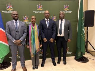 WINDHOEK, 08 July 2026- Namibia Green Hydrogen Program Head Joseph Mukendwa, Un Resident Coordinator to Namibia Hopolang Phororo, EIF CEO Benedict Libanda and Environmental Commissioner Timo Mufeti at the launch of UNIDO-GEF Namibia Child Project in Windhoek. (Photo by Eba Kandovazu). NAMPA