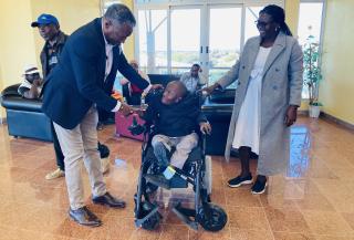 OMUTHIYA, 13 July 2026- Oshikoto Governor Sacky Kathindi (L), Justus Mbinga and his mother Katrina Mbinga after officially receiving an electronic wheelchair from the governor’s office on Monday.

(Photo: Max Henrich) NAMPA 