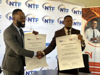 WINDHOEK, 21 July 2026 - The CEO of the Namibia Trade Forum, Rodney !Hoaeb alongside Head of Business Development and Strategy, NIFA  Morris Kalunduka at the MoU signing ceremony . (Photo by: Justina Shuumbwa) NAMPA