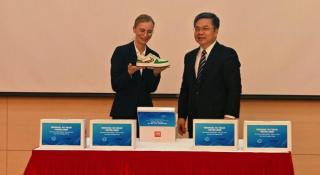 WINDHOEK, 21 July 2026 - Vice President of the Namibia National Olympic Committee (NNOC), Gaby Ahrens together with the Vice-Chairman of the Chinese People’s Political Consultative Conference (CPPCC) Shanghai Committee, Xiao Guiyu at the handover of about 1000 sports shoes to NNOC in Windhoek. (Photo: Contributed) NAMPA