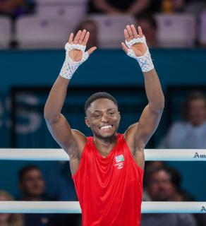GLASGOW, 26 July 2026 - Philip Pumulo Mutakela Haoseb celebrating after his win against Charif Yaya of Togo at the Commonwealth Games in Glasgow, Scotland. Haoseb secured victory with a second-round knockout to advance to the quarter-finals. (Photo: Hesron Kapanga) NAMPA
