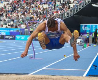 GLASGOW, 27 July 2026 – Namibia's Chenoult Lionel Coetzee in action during the men's long jump qualification at Scotstoun Stadium during the Glasgow 2026 Commonwealth Games in Scotland. (Photos: Hesron Kapanga) NAMPA
