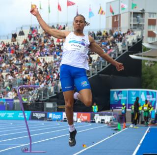 GLASGOW, 27 July 2026 – Namibia's Chenoult Lionel Coetzee in action during the men's long jump qualification at Scotstoun Stadium during the Glasgow 2026 Commonwealth Games in Scotland. (Photos: Hesron Kapanga) NAMPA
