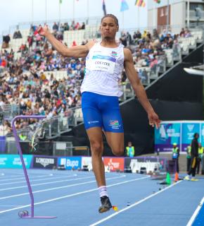 GLASGOW, 27 July 2026 – Namibia's Chenoult Lionel Coetzee in action during the men's long jump qualification at Scotstoun Stadium during the Glasgow 2026 Commonwealth Games in Scotland. (Photos: Hesron Kapanga) NAMPA

