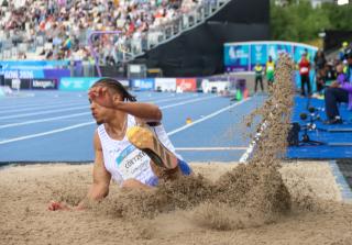 GLASGOW, 27 July 2026 - Namibia’s Chenoult Lionel Coetzee in action during the men’s long jump qualification at Scotstoun Stadium during the Glasgow 2026 Commonwealth Games in Scotland. (Photo by: Hesron Kapanga) NAMPA