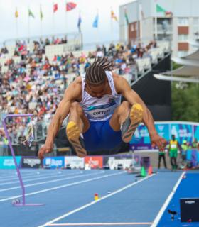 GLASGOW, 27 July 2026 – Namibia's Chenoult Lionel Coetzee in action during the men's long jump qualification at Scotstoun Stadium during the Glasgow 2026 Commonwealth Games in Scotland. (Photos: Hesron Kapanga) NAMPA
