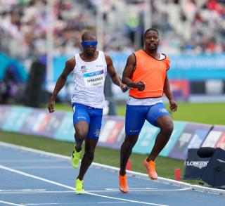 GLASGOW, 29 July 2026 – Namibia’s para-sprinter Ananias Shikongo, and his guide Even Tjuiju in action during the T11/12 100 metres heats at the Commonwealth Games in Glasgow, Scotland. (Photo: Hesron Kapanga) NAMPA