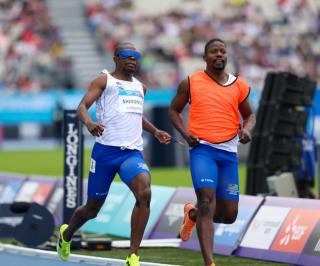 GLASGOW, 29 July 2026 –Para-sprinter Ananias Shikongo and his guide Even Tjuiju in action during the T11/12 100 metre heats at the Commonwealth Games in Glasgow, Scotland. (Photo: Hesron Kapanga) NAMPA