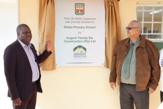 WINDHOEK, 07 August 2026 - Khomas Regional Director of Education, Arts and Culture, Paulus Nghikembua and Orban Primary School principal Jan Cloete at the handover of the new Life Skills class donated by August 26 Construction to the ORBAN Primary school. (Photo: Ali Negumbo)
