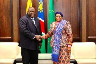 WINDHOEK, 10 August 2026 - Former Ugandan State Minister for Foreign Affairs Henry Okello Oryem pictured with President Netumbo Nandi-Ndaitwah at State House (Photo: Contributed) NAMPA