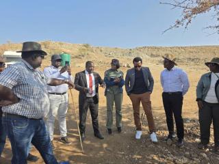 OPUWO, 10 August 2026- Parliamentary Standing Committee on Natural Resources Chairperson Tobie Aupindi with committee members and Opuwo Urban Constituency Councillor Ueutjerevi Ngunaihe during a visit to Okarikua Mining in Ohungumure Village on Monday. ( Photo: Kaviveterue Virere) NAMPA