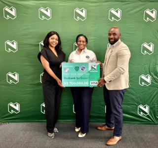 WINDHOEK, 11 August 2026 - From left to right, Namibia Nature Foundation Communications Officer, Disney Andreas; Namibia Nature Foundation Head of Grants and Administration, Hilma Shongolo; and Nedbank Namibia Chief Financial Officer, Victor Maengahama, at the Nedbank Campus for the Go Green Fund handover. (Photo: Contributed) NAMPA 