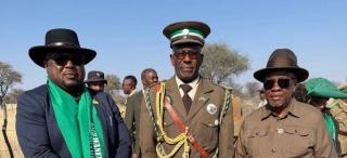 OTJUNDA, 09 August 2026 - Omaheke Governor Pijoo Marikutuka Nganate with Ombara Tjozohongo II Nguvauva and chairperson of the Omaheke Regional Council Rocco Nguvauva at Otjunda commemoration (Photo: Contributed) NAMPA 
