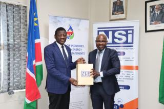 WINDHOEK, 19 August 2026 - Executive Director in the Ministry of Industries, Mines and Energy (MIME), Moses Pakote (L) pictured with The Namibian Standards Institution (NSI) Chief Executive Officer Eino Mvula (R) during a Memorandum of Understanding signing ceremony and the Service Level Agreement signed between the MIME and NSI. (Photo: Contributed) NAMPA 