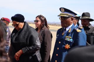 WINDHOEK, 21 August 2026 – President Netumbo Nandi-Ndaitwah with Chief of the Namibian Defence Force Air Marshal Martin Pinehas during the repatriation of former liberation heroes from South Africa at Hosea Kutako International Airport  (Photo: Andreas Thomas) NAMPA