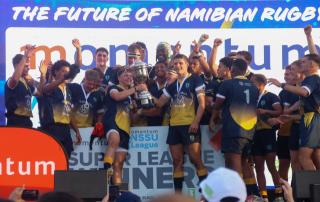 WINDHOEK, 23 August 2026 - Windhoek Afrikaanse Privaatskool (WAP) celebrating their victory and crowned the 2026 Momentum Namibia School Sport Union (NSSU) U19 Super League champions after an impressive 50-24 victory over arch-rivals Windhoek Gymnasium at the Hage Geingob Stadium. (Photo: Hesron Kapanga) NAMPA