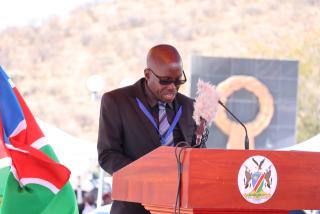 WINDHOEK, 24 August 2026 - Waluka Sibungo speaking on behalf of the family of the late Brendan Simbwaye during a ceremony in which Simbwaye received a symbolic grave at Heroes' Acre because his remains have not been located after his death. (Photo: Uakutura Kambaekua) NAMPA