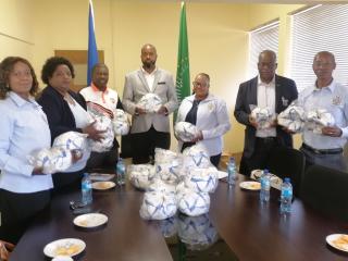 OTJIWARONGO, 25 August 2026 - The donation of 260 soccer balls from FIFA through the Namibia Football Association (NFA) handed over to 160 schools in the Otjozondjupa Region on Tuesday morning through the education regional director, Gerhard Ndafenongo at his office in Otjiwarongo. (Photo by: Mulisa Simiyasa) NAMPA 