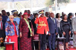 WINDHOEK, 26 August 2026 – Namibian leaders (from left): Vice President Lucia Witbooi, President Netumbo Nandi-Ndaitwah, First Gentleman retired Army General Epapharas Ndenga Ndaitwah, and Prime Minister Elijah Ngurare, pictured during the Heroes Day commemoration in Windhoek on Wednesday. (Photo by: Uakutura Kambaekua) NAMPA.