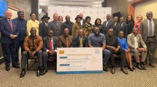 WINDHOEK, 26 August 2026 - Prime Minister Elijah Ngurare, Minister of Finance Ericah Shafudah, Minister of Urban and Rural Development James Sankwasa and Minister in the Presidency Dr Charles Mubita pictured with regional governors during the official handover of a N$25 million donation from the Namibia Special Risks Insurance Association (NASRIA) in Windhoek on Thursday. (Photo: Contributed) NAMPA.