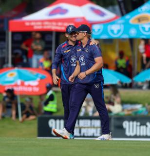 WINDHOEK, 28 August 2026 - Namibia’s senior men’s national cricket team, the Eagles player JJ Smit (right) and Gerhard Erasmus celebrating the wicket against South Africa during the T20 Tri-Series campaign at the FNB Namibia Cricket Ground in Olympia, Windhoek. Namibia won the match by 18 runs and the victory marked Namibia’s second win over South Africa in a T20 international meeting, following their historic triumph over the Proteas earlier this year at the same venue. (Photo: Hesron Kapanga) NAMPA