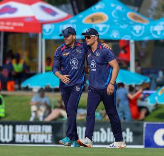 WINDHOEK, 28 August 2026 - Namibia’s senior men’s national cricket team, the Eagles player JJ Smit (right) and Gerhard Erasmus celebrating the wicket against South Africa during the T20 Tri-Series campaign at the FNB Namibia Cricket Ground in Olympia, Windhoek. Namibia won the match by 18 runs and the victory marked Namibia’s second win over South Africa in a T20 international meeting, following their historic triumph over the Proteas earlier this year at the same venue. (Photo: Hesron Kapanga) NAMPA