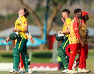 WINDHOEK, 29 August 2026 - Zimbabwean and South African cricketers duirng the T20 Tri-Series campaign at the FNB Namibia Cricket Ground in Olympia, Windhoek. South Africa won the match by 7-wickets. (Photo: Hesron Kapanga) NAMPA