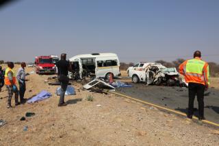 B1 ROAD, 31 August 2026 - The accident scene where four people died on Monday after a 16-seater bus and Ford Bantam collided head-on approximately 120 kilometres south of Otjiwarongo on the B1 road. (Photo by: Mulisa Simiyasa) NAMPA