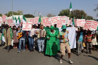 WINDOEK, 01 September 2026 - Members of the ||Khomanin Traditional Community staged a demonstration on Tuesday, demanding an official response to the petition they previously filed with the minister of urban and rural development, James Sankwasa. (Photo by: Uakutura Kambaekua) NAMPA. 